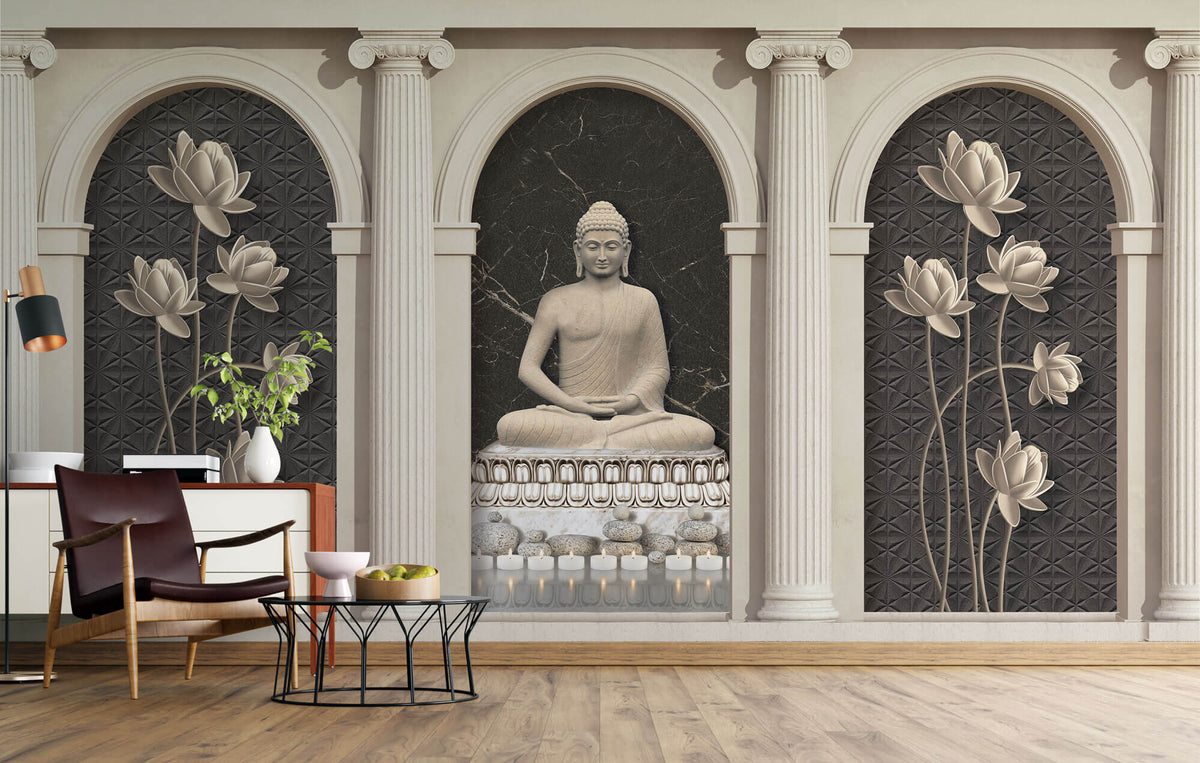 Tapet Zen Oriental cu coloane si statueta lui Buddha - STONE ARCHES BUDDHA