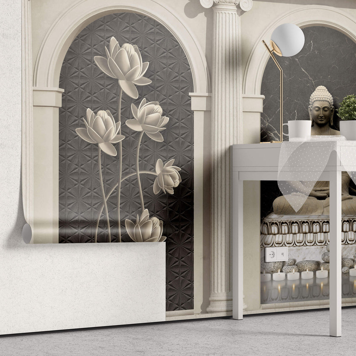 Tapet Zen Oriental cu coloane si statueta lui Buddha - STONE ARCHES BUDDHA