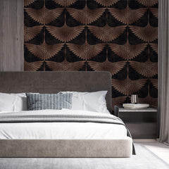 Tapet Zen Oriental cu pasari orientale in nuante maronii - BRASSY EGRETE PATTERN