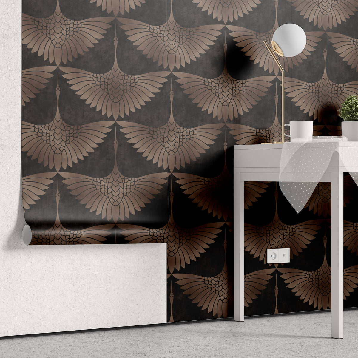 Tapet Zen Oriental cu pasari orientale in nuante maronii - BRASSY EGRETE PATTERN