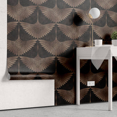Tapet Zen Oriental cu pasari orientale in nuante maronii - BRASSY EGRETE PATTERN