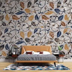 Tapet Zen Oriental cu frunze texturate in nuante de galben albastru si gri - AUTUMN MARBLE LEAVES