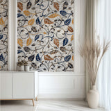 Tapet Zen Oriental cu frunze texturate in nuante de galben albastru si gri - AUTUMN MARBLE LEAVES