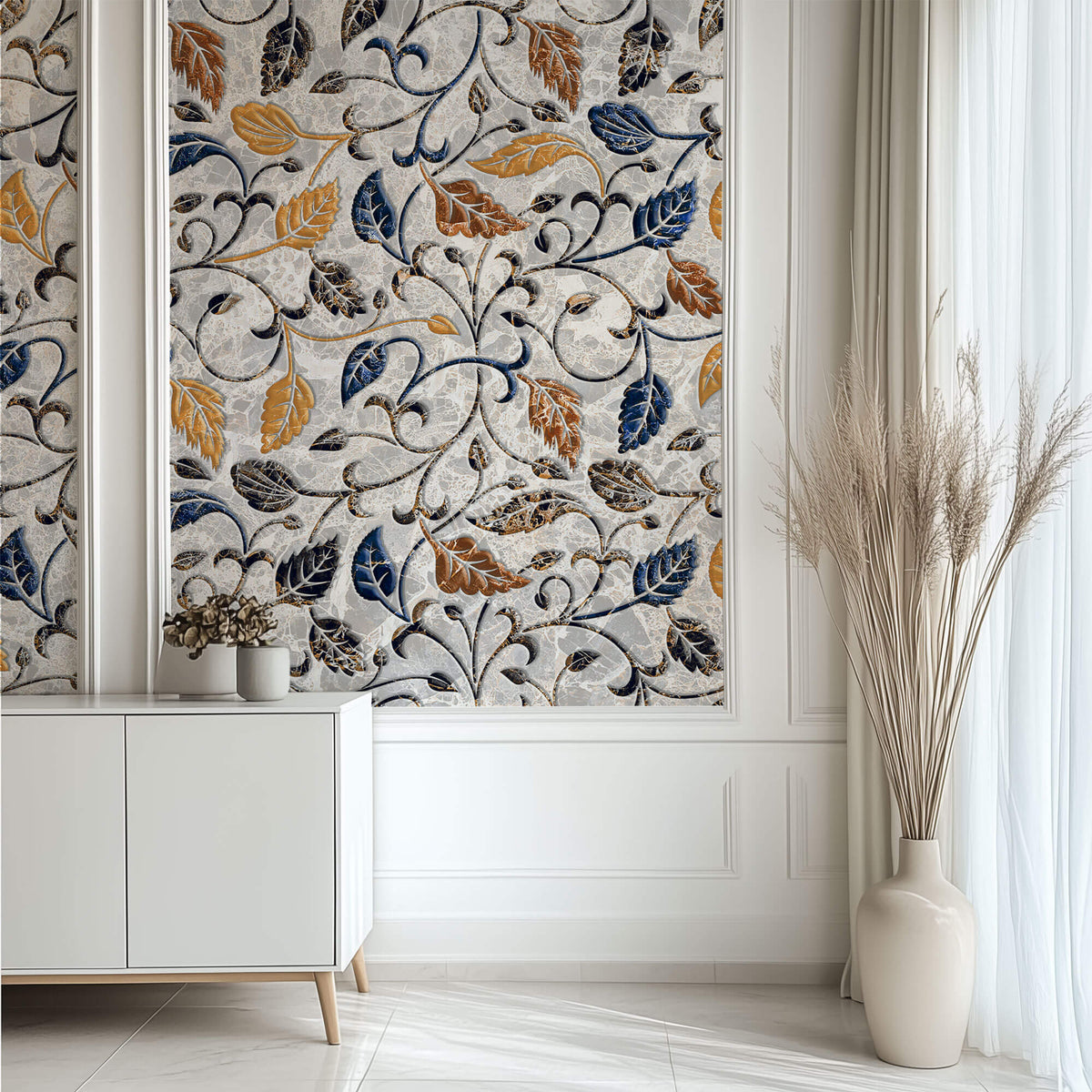 Tapet Zen Oriental cu frunze texturate in nuante de galben albastru si gri - AUTUMN MARBLE LEAVES