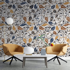 Tapet Zen Oriental cu frunze texturate in nuante de galben albastru si gri - AUTUMN MARBLE LEAVES