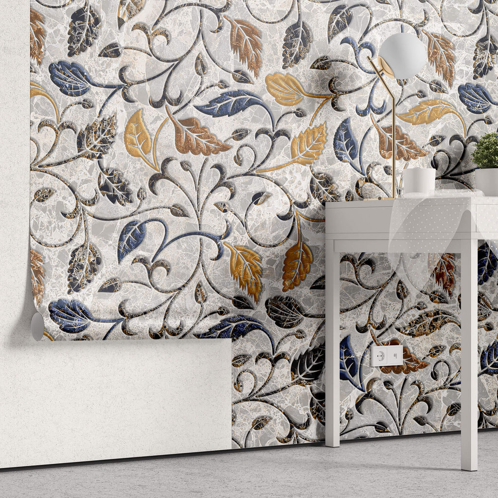 Tapet Zen Oriental cu frunze texturate in nuante de galben albastru si gri - AUTUMN MARBLE LEAVES