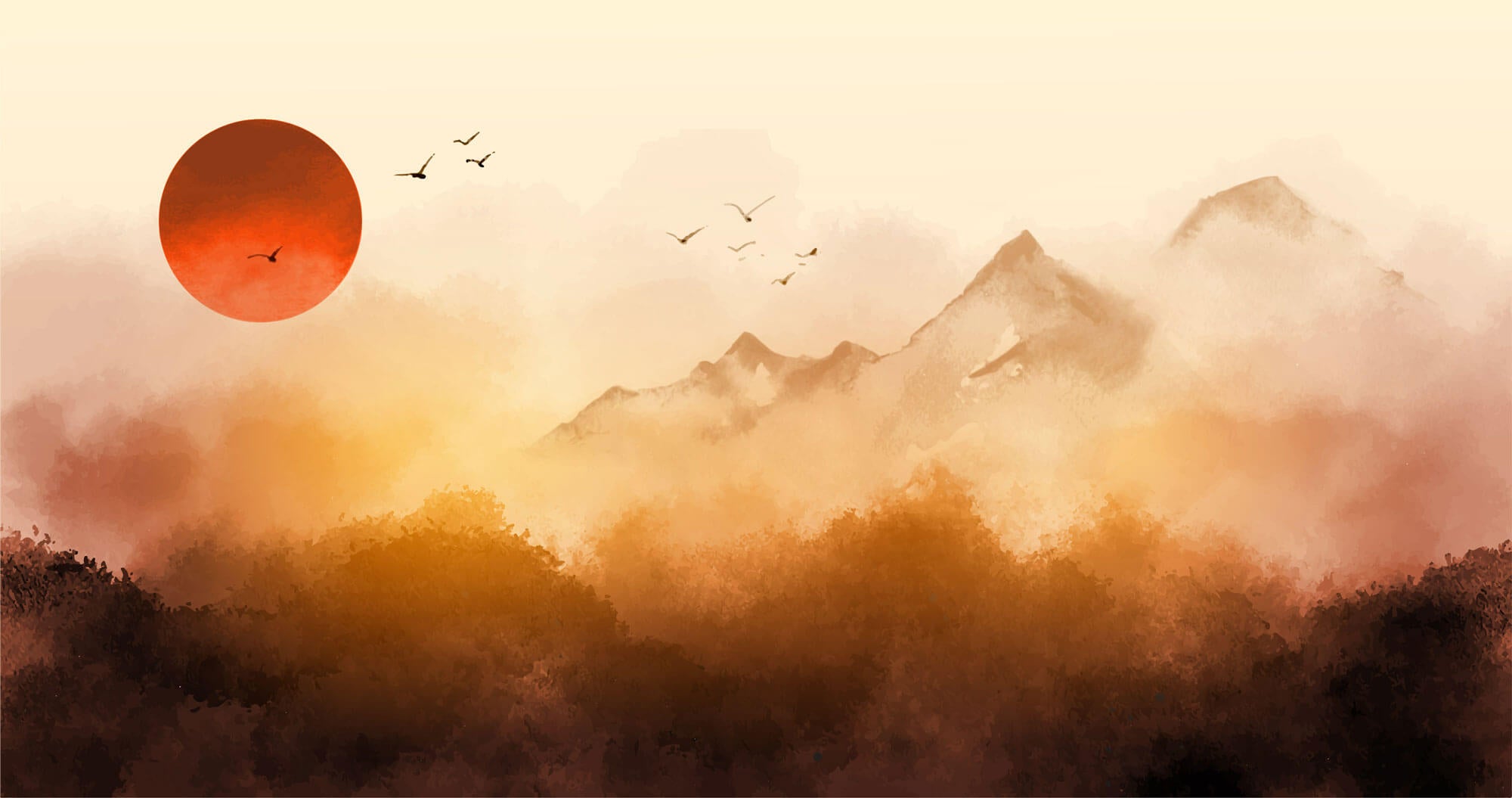 Tapet Zen Oriental cu peisaj montan de apus - BLOOD MOON DUSK