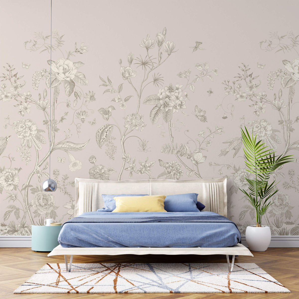 Tapet Zen Oriental cu gradina inflorita in stil chinoiserie in nuante de roz pal - LIGHT PINK CHINOISERIE