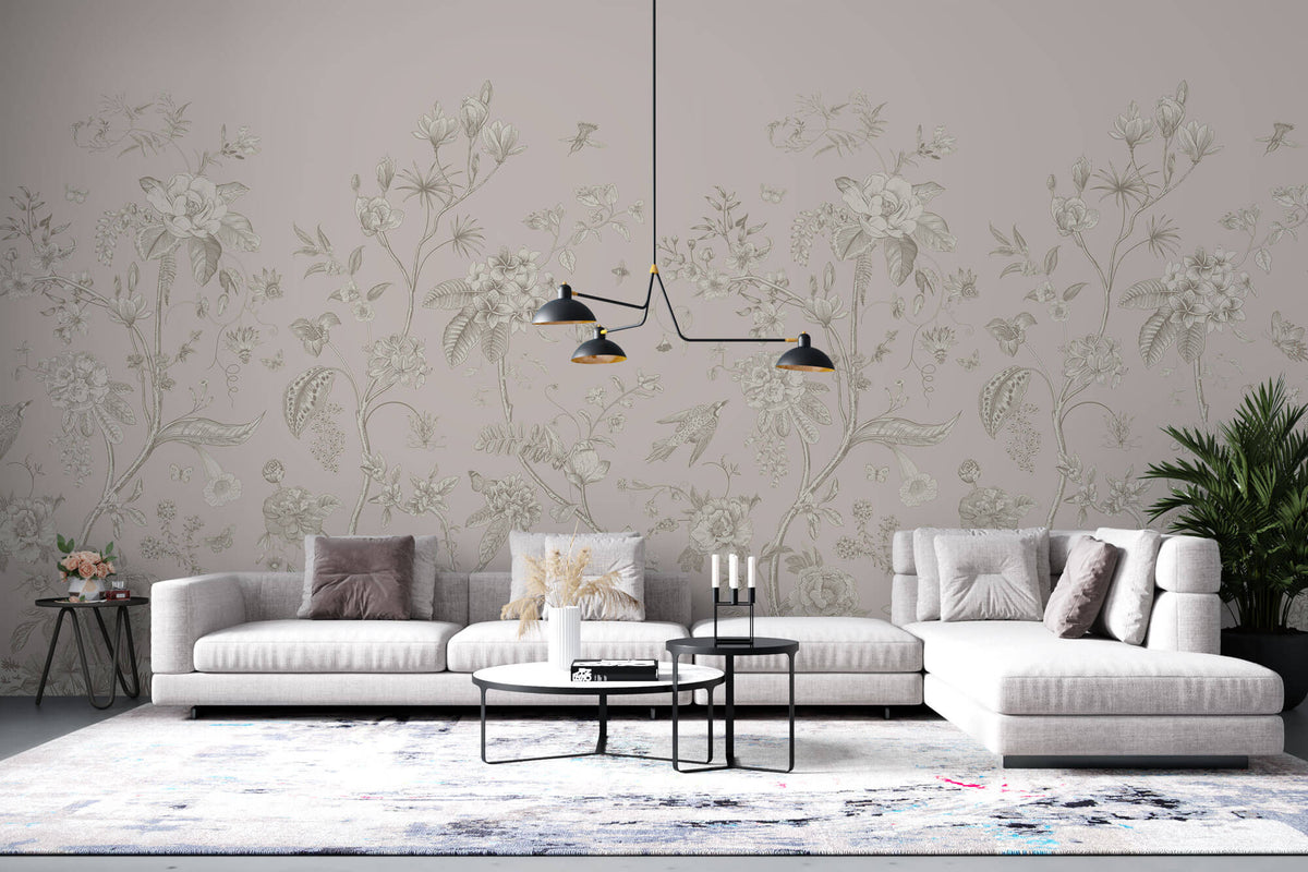 Tapet Zen Oriental cu gradina inflorita in stil chinoiserie in nuante de roz pal - LIGHT PINK CHINOISERIE
