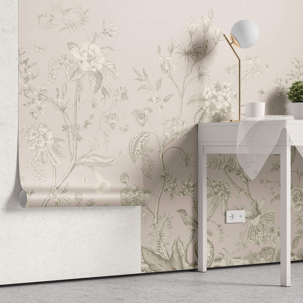 Tapet Zen Oriental cu gradina inflorita in stil chinoiserie in nuante de roz pal - LIGHT PINK CHINOISERIE