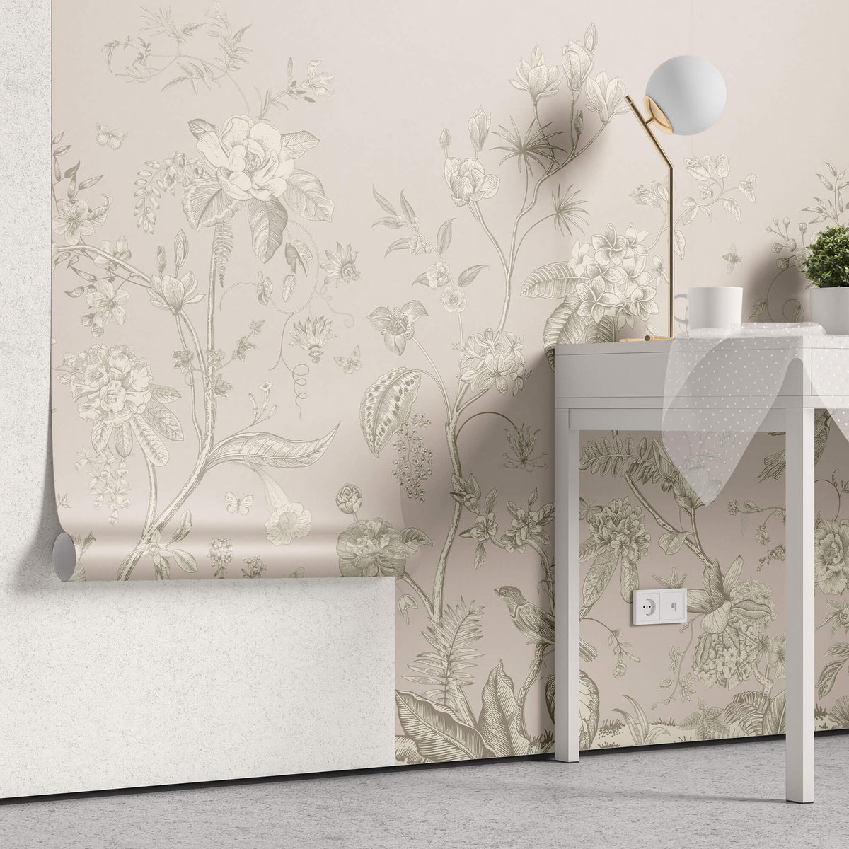 Tapet Zen Oriental cu gradina inflorita in stil chinoiserie in nuante de roz pal - LIGHT PINK CHINOISERIE