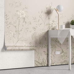 Tapet Zen Oriental cu gradina inflorita in stil chinoiserie in nuante de roz pal - LIGHT PINK CHINOISERIE