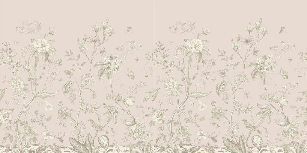 Tapet Zen Oriental cu gradina inflorita in stil chinoiserie in nuante de roz pal - LIGHT PINK CHINOISERIE