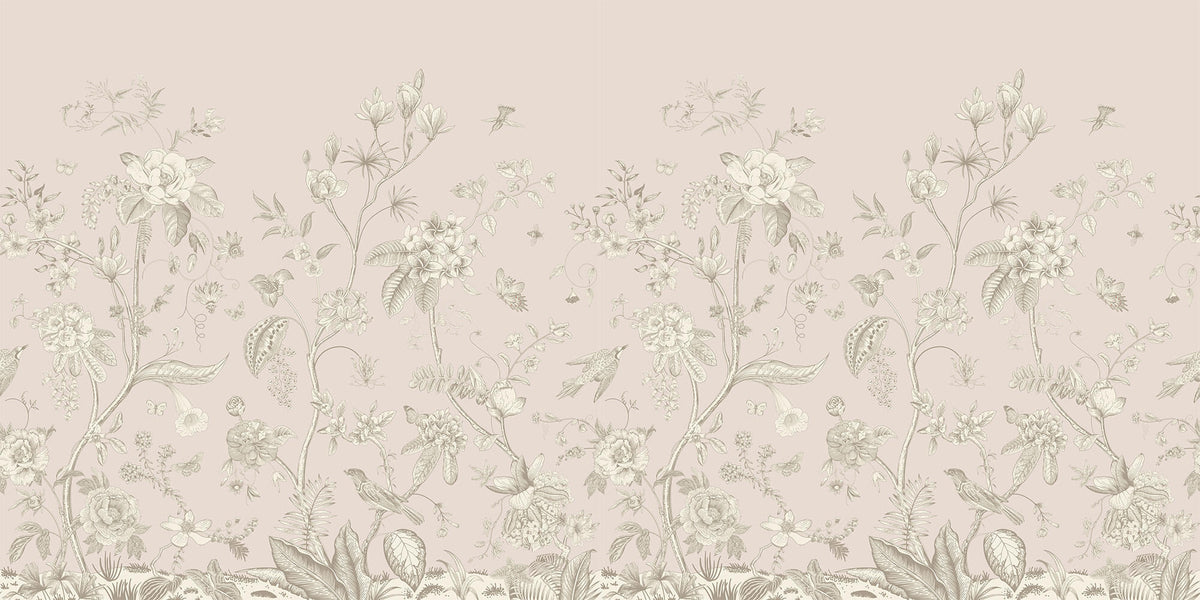 Tapet Zen Oriental cu gradina inflorita in stil chinoiserie in nuante de roz pal - LIGHT PINK CHINOISERIE
