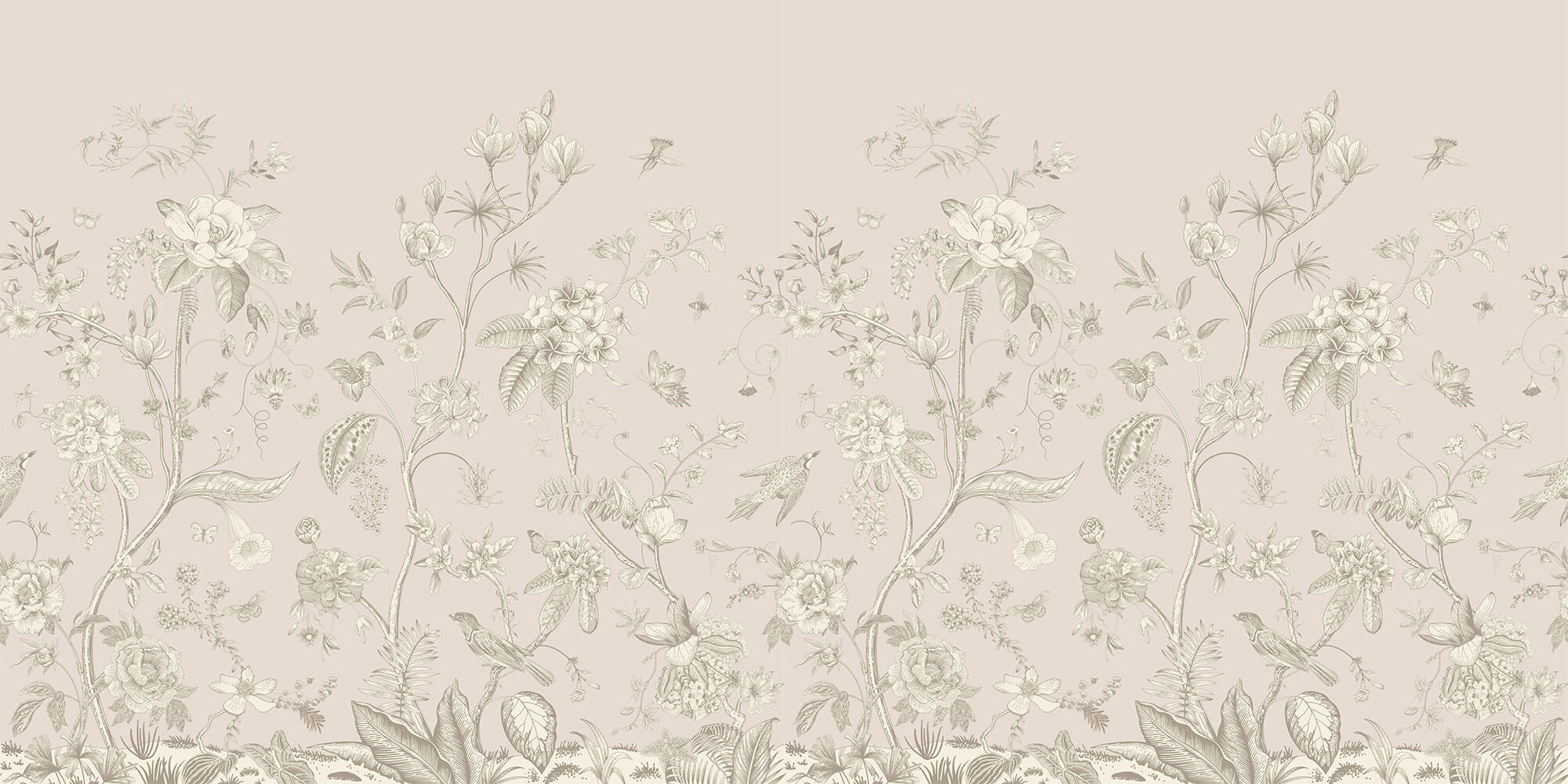 Tapet Zen Oriental cu gradina inflorita in stil chinoiserie in nuante de roz pal - LIGHT PINK CHINOISERIE