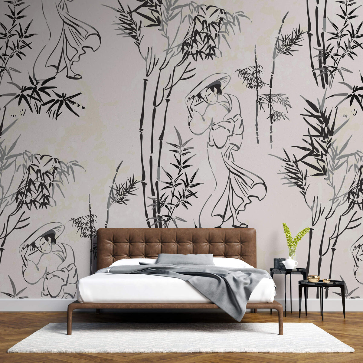 Tapet Zen Oriental cu geishe si bambusi in alb negru - GREY GEISHA