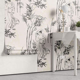 Tapet Zen Oriental cu geishe si bambusi in alb negru - GREY GEISHA