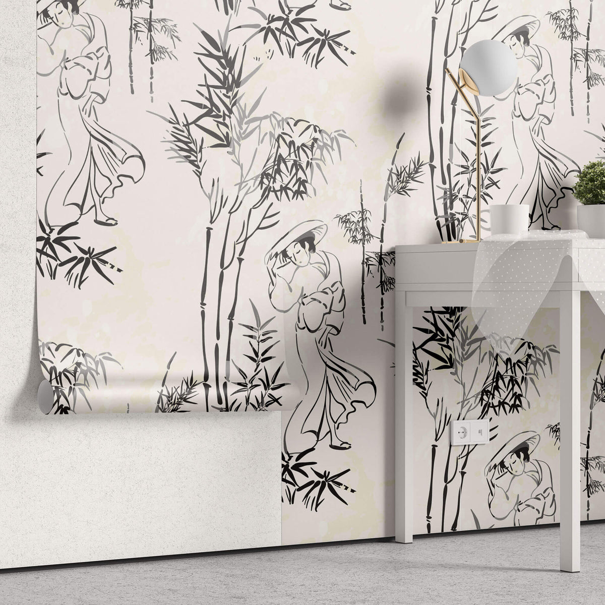 Tapet Zen Oriental cu geishe si bambusi in alb negru - GREY GEISHA