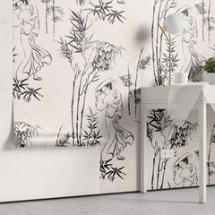 Tapet Zen Oriental cu geishe si bambusi in alb negru - GREY GEISHA