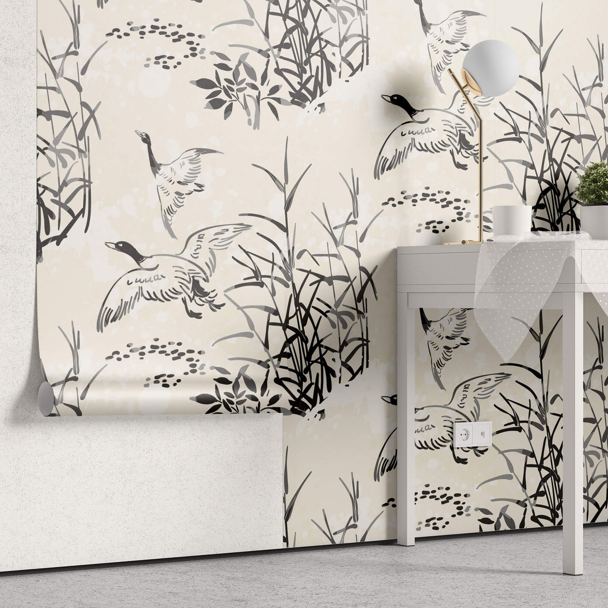 Tapet Zen Oriental cu bambusi si pasari zburatoare in stil de ilustratie - INK ART BIRDS