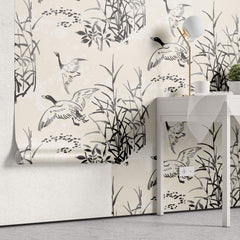 Tapet Zen Oriental cu bambusi si pasari zburatoare in stil de ilustratie - INK ART BIRDS