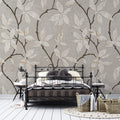 Tapet Zen Oriental cu flori orientale embosate in nuante de gri si crem - CERAMIC ORIENTAL FLOWERS
