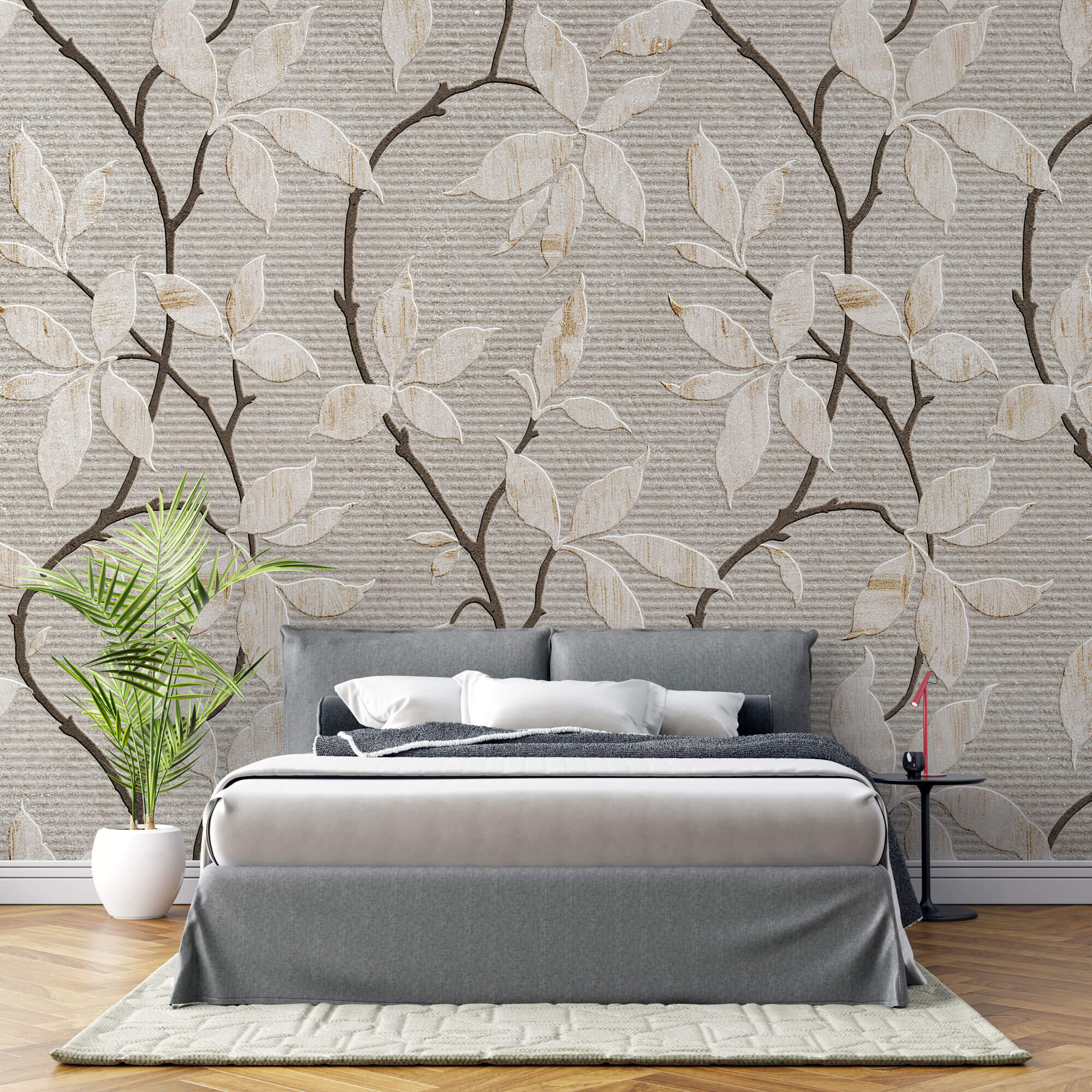 Tapet Zen Oriental cu flori orientale embosate in nuante de gri si crem - CERAMIC ORIENTAL FLOWERS