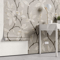 Tapet Zen Oriental cu flori orientale embosate in nuante de gri si crem - CERAMIC ORIENTAL FLOWERS