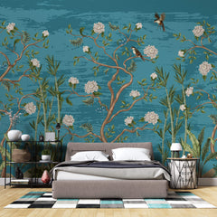 Tapet Zen Oriental cu copaci infloriti si pasari pe un fundal albastru - BLUE TREES CHINOISERIE