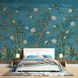 Tapet Zen Oriental cu copaci infloriti si pasari pe un fundal albastru - BLUE TREES CHINOISERIE
