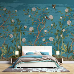 Tapet Zen Oriental cu copaci infloriti si pasari pe un fundal albastru - BLUE TREES CHINOISERIE