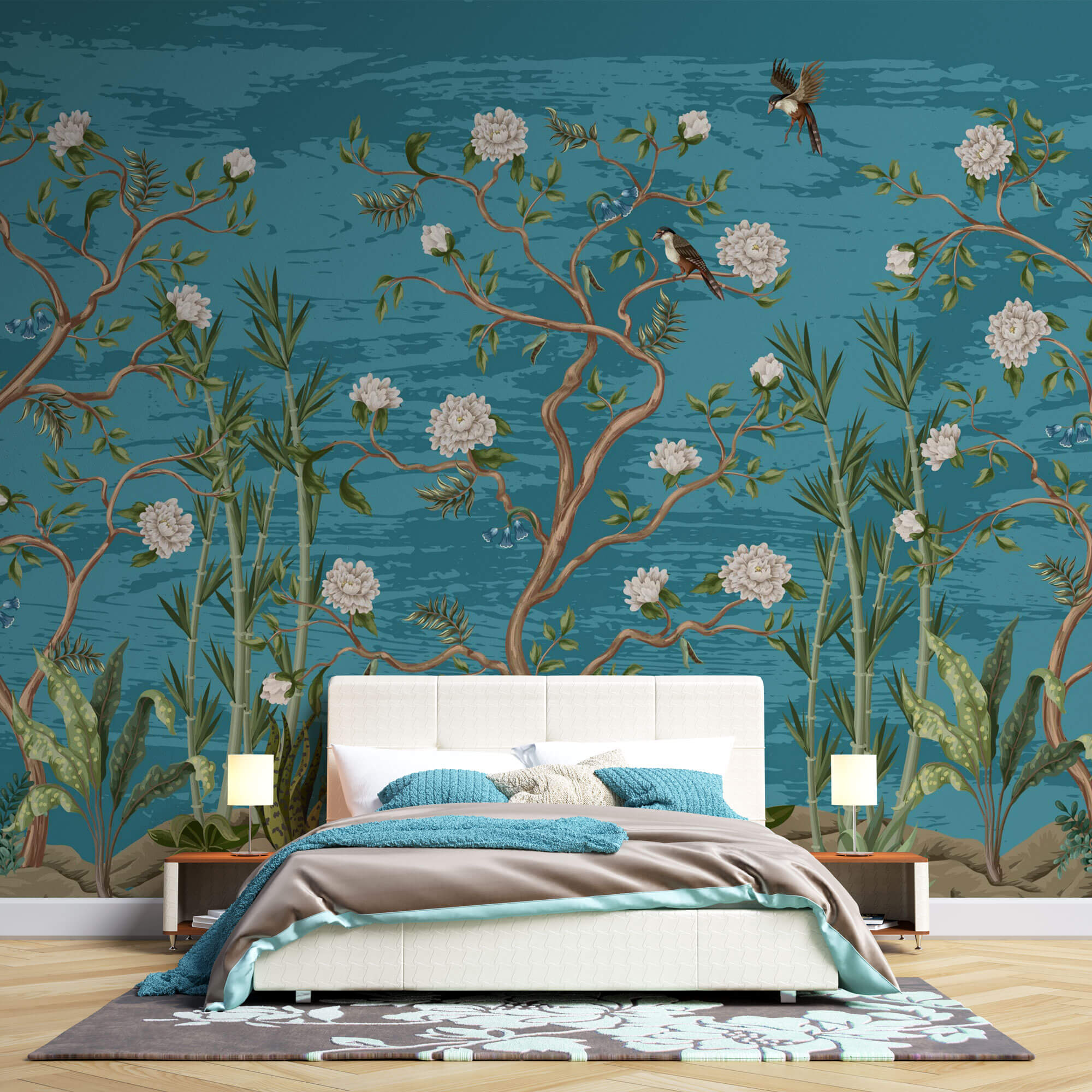 Tapet Zen Oriental cu copaci infloriti si pasari pe un fundal albastru - BLUE TREES CHINOISERIE