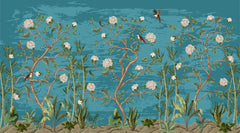 Tapet Zen Oriental cu copaci infloriti si pasari pe un fundal albastru - BLUE TREES CHINOISERIE