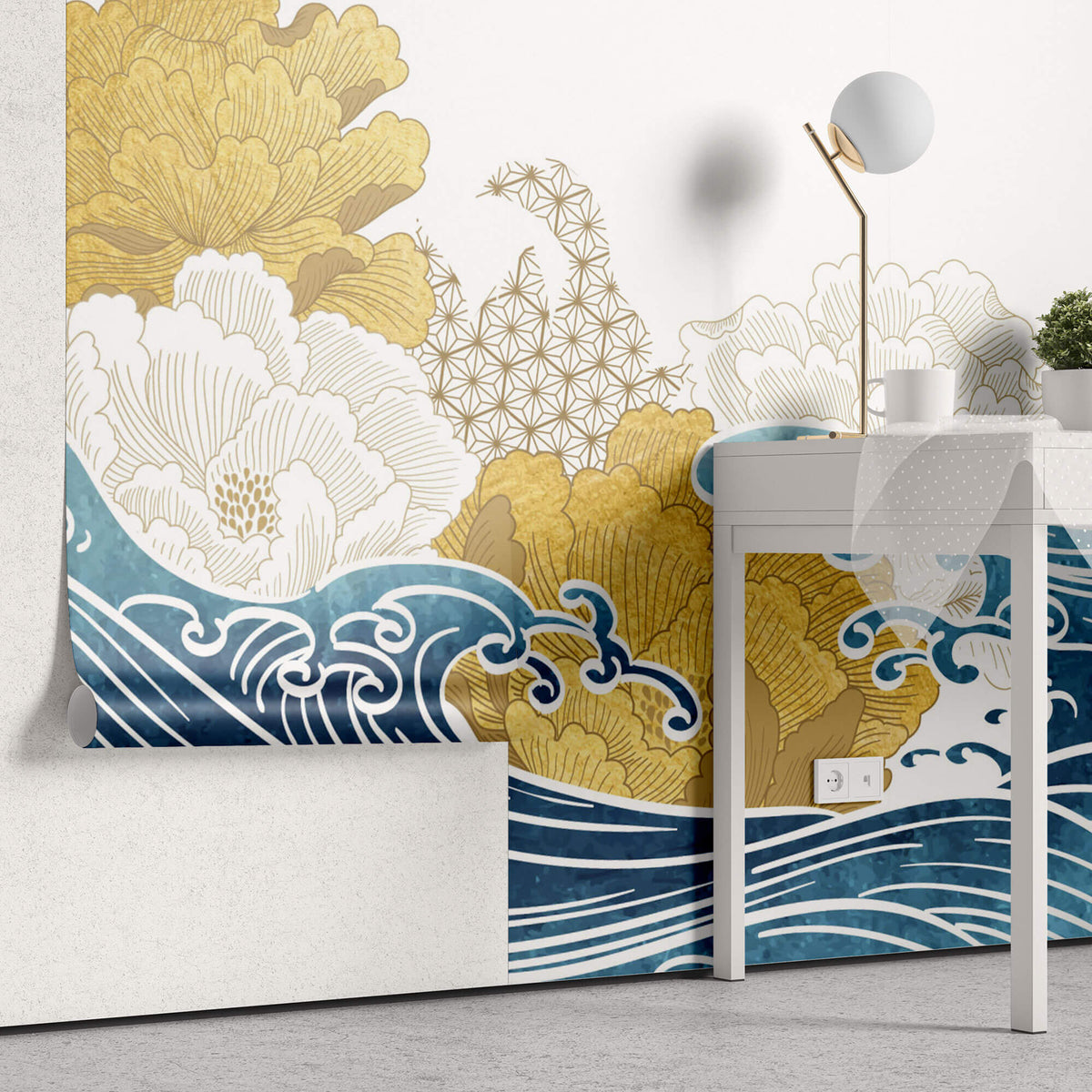 Tapet Zen Oriental cu ilustratie japoneza cu valuri si egrete - JAPANESE WAVES