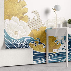 Tapet Zen Oriental cu ilustratie japoneza cu valuri si egrete - JAPANESE WAVES