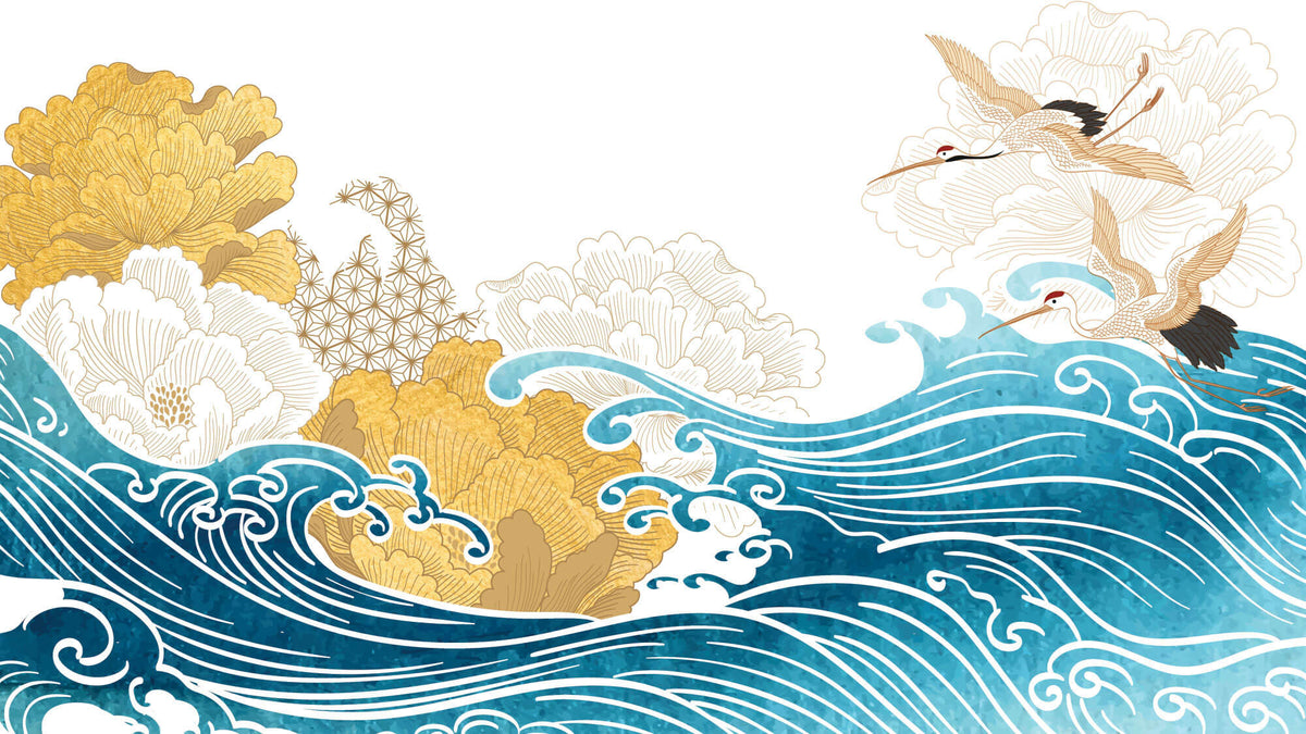 Tapet Zen Oriental cu ilustratie japoneza cu valuri si egrete - JAPANESE WAVES