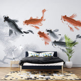 Tapet Zen Oriental cu pesti crap in nuante de rosu si negru - CARP POND