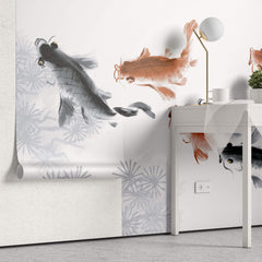 Tapet Zen Oriental cu pesti crap in nuante de rosu si negru - CARP POND