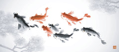 Tapet Zen Oriental cu pesti crap in nuante de rosu si negru - CARP POND