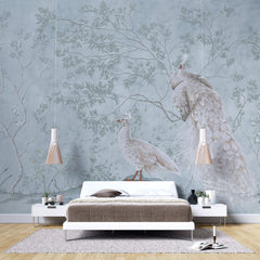 Tapet Zen Oriental cu pauni albi intr-un fundal verde menta - MINTY WHITE PEACOCKS