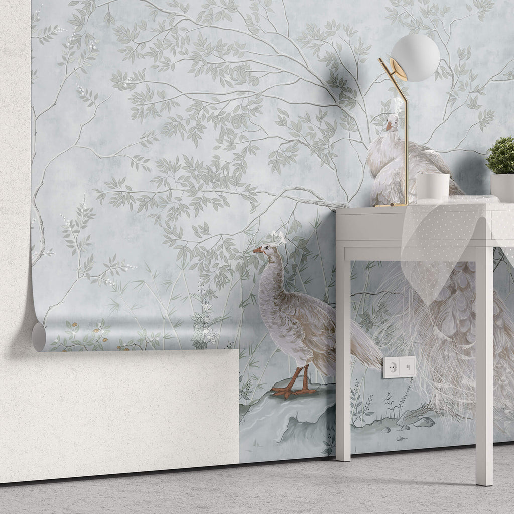 Tapet Zen Oriental cu pauni albi intr-un fundal verde menta - MINTY WHITE PEACOCKS