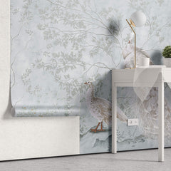 Tapet Zen Oriental cu pauni albi intr-un fundal verde menta - MINTY WHITE PEACOCKS