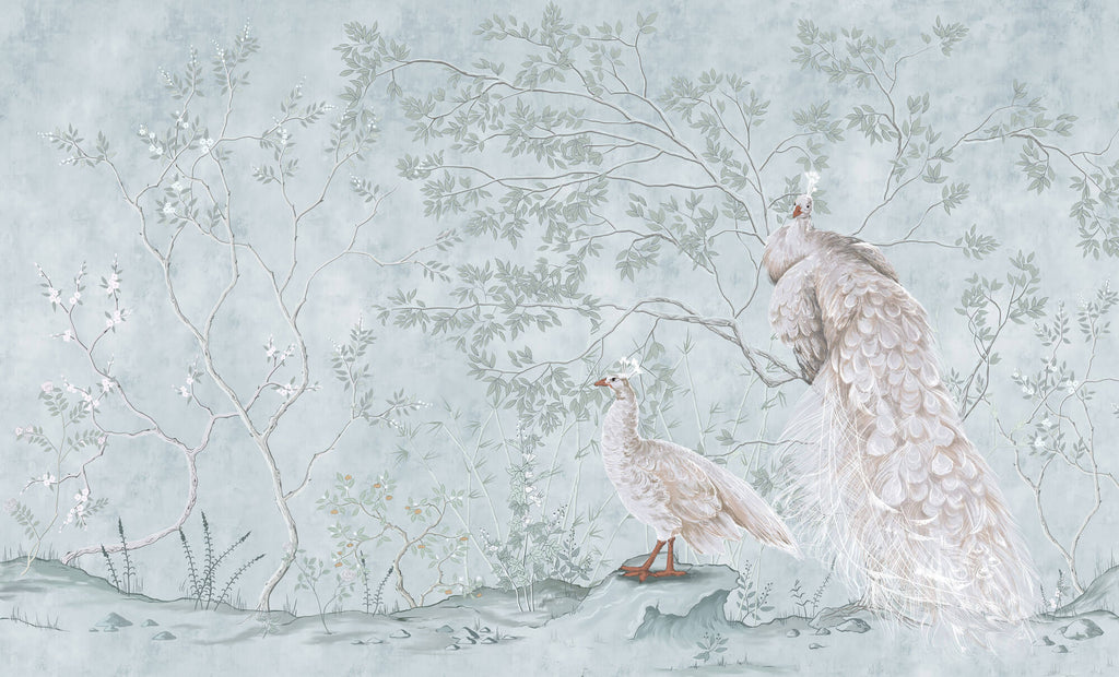 Tapet Zen Oriental cu pauni albi intr-un fundal verde menta - MINTY WHITE PEACOCKS