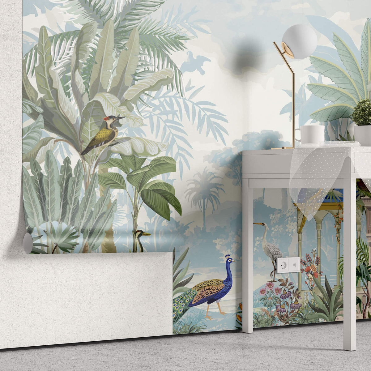 Tapet Zen Oriental cu pasari orientale si templu indian - BIRDS SCENERY
