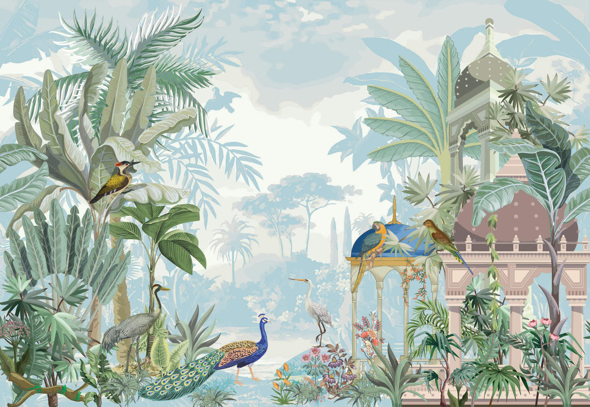 Tapet Zen Oriental cu pasari orientale si templu indian - BIRDS SCENERY