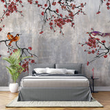 Tapet Zen Oriental cu pruni rosii chinezesti si pasari - CONCRETE RED PLUM TREE