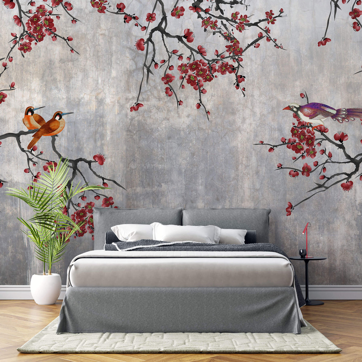 Tapet Zen Oriental cu pruni rosii chinezesti si pasari - CONCRETE RED PLUM TREE