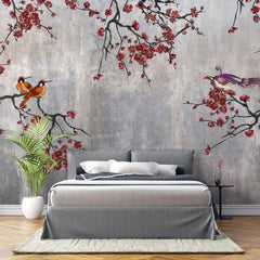Tapet Zen Oriental cu pruni rosii chinezesti si pasari - CONCRETE RED PLUM TREE