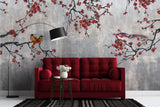 Tapet Zen Oriental cu pruni rosii chinezesti si pasari - CONCRETE RED PLUM TREE