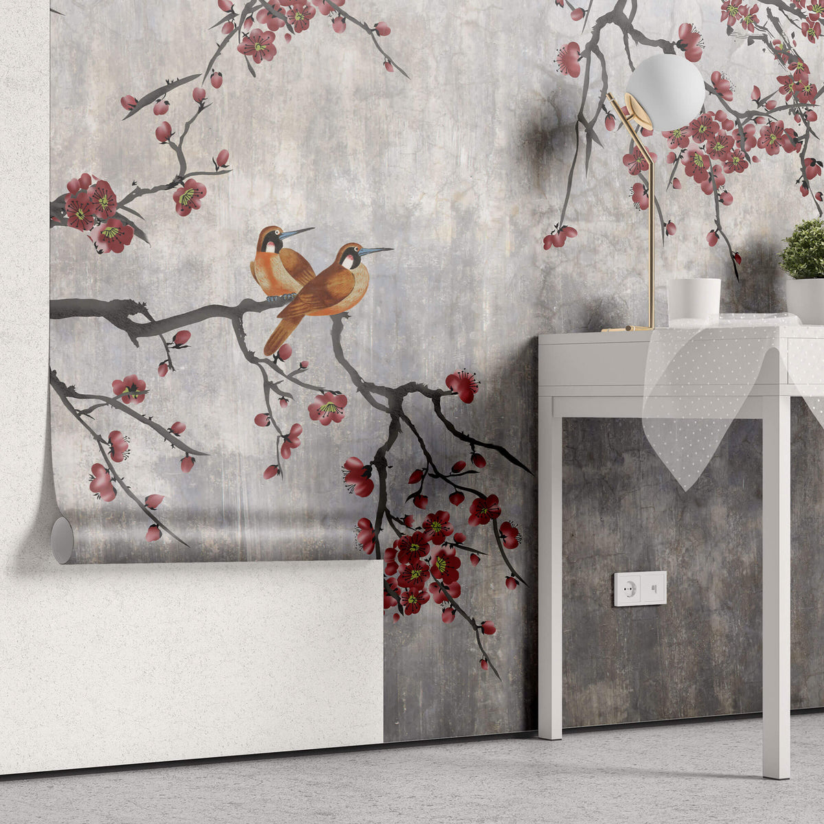 Tapet Zen Oriental cu pruni rosii chinezesti si pasari - CONCRETE RED PLUM TREE